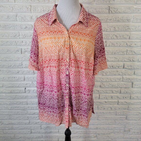 Catherines Womens Top 0X 14W 16W Short Sleeve Pink Orange Geometric GEO265E - Picture 1 of 8